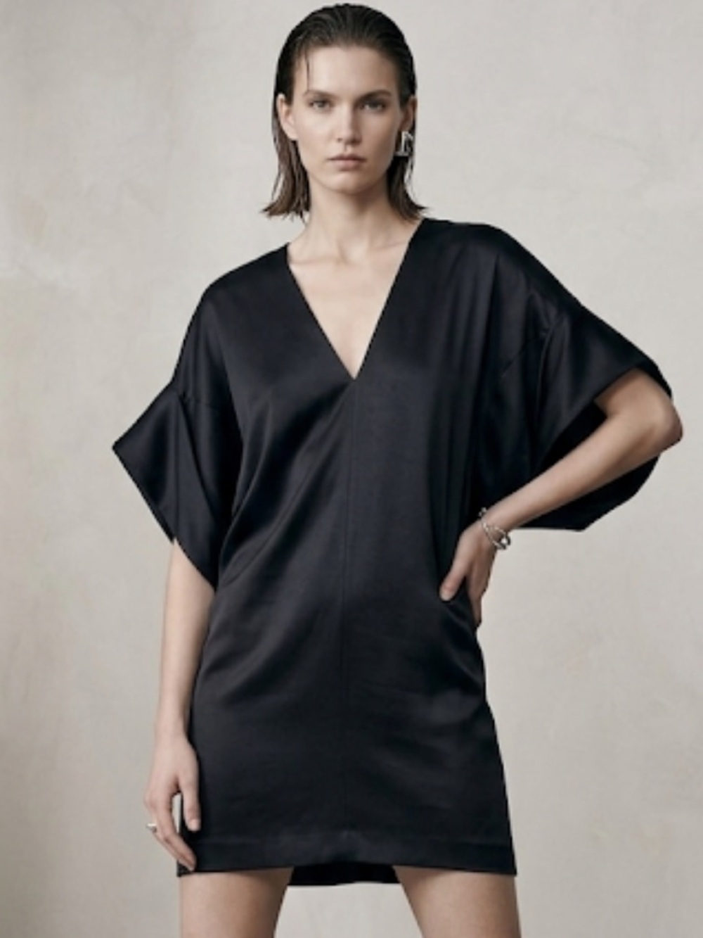 Vintage black silk charmuse draped dramatic sleeve mini dress medium